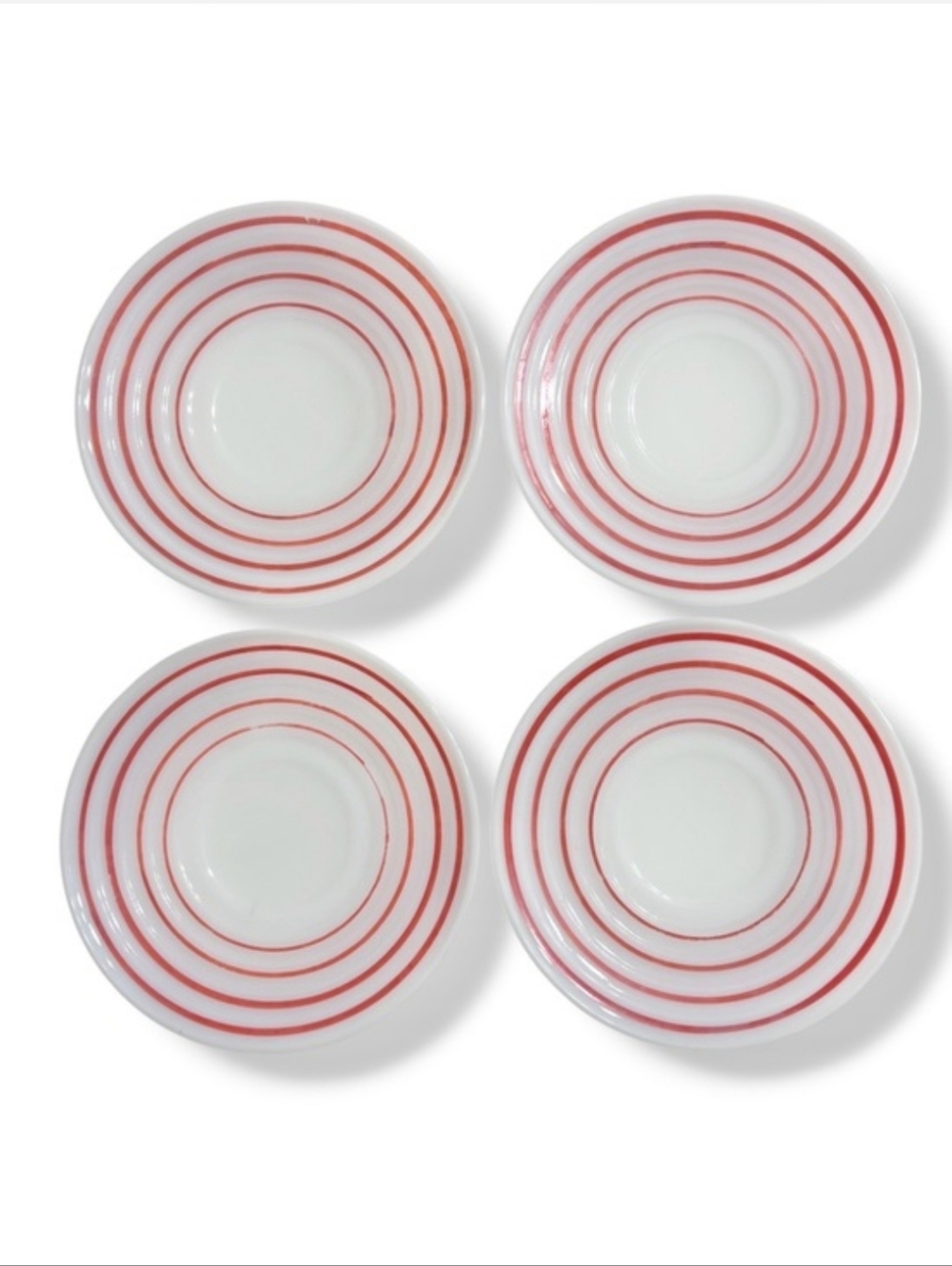 HAZEL ATLAS Red Striped Platonite Milk Glass Plates 5 7/8” Set of 4